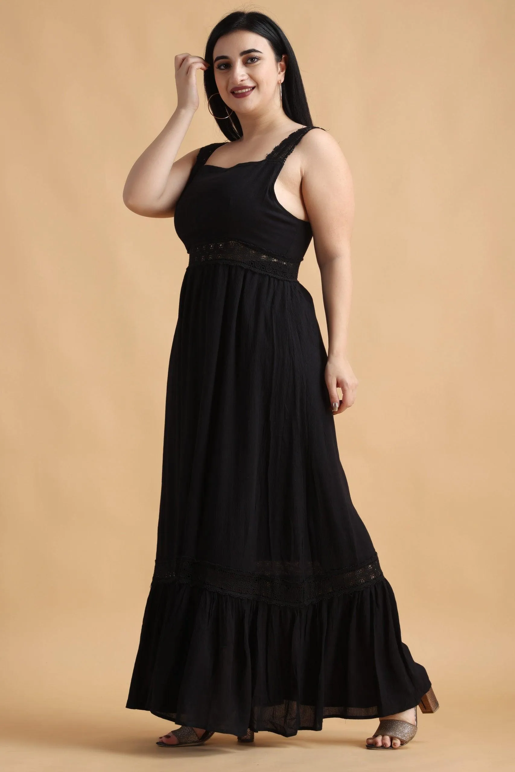 Black Solid Maxi Dress with Lace