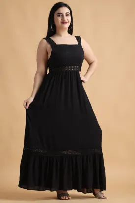 Black Solid Maxi Dress with Lace