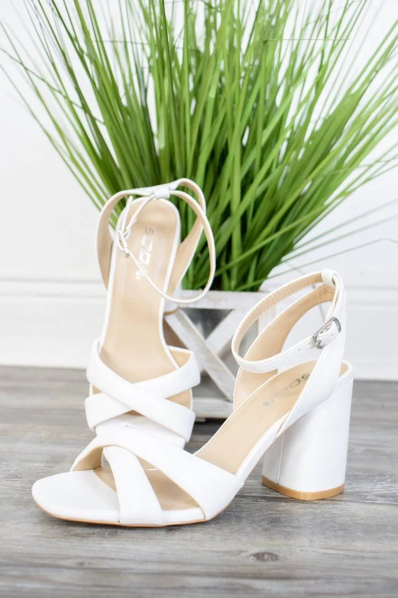 Chunky White X-Strap Heels