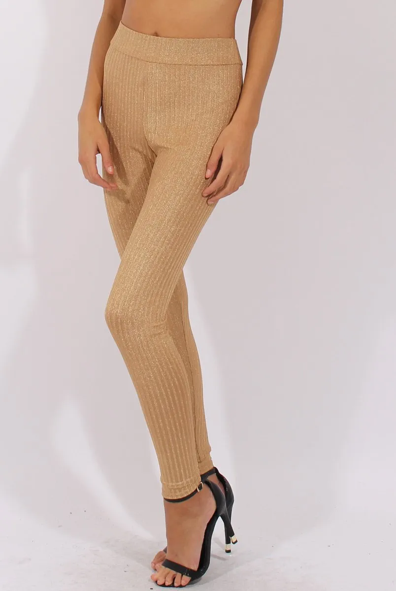 Gold Metallic Ribbed High Waisted Leggings - Yasmin