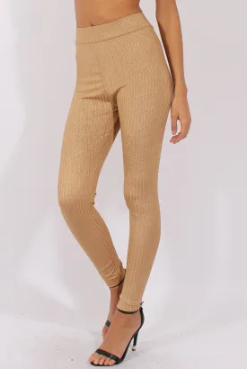 Gold Metallic Ribbed High Waisted Leggings - Yasmin