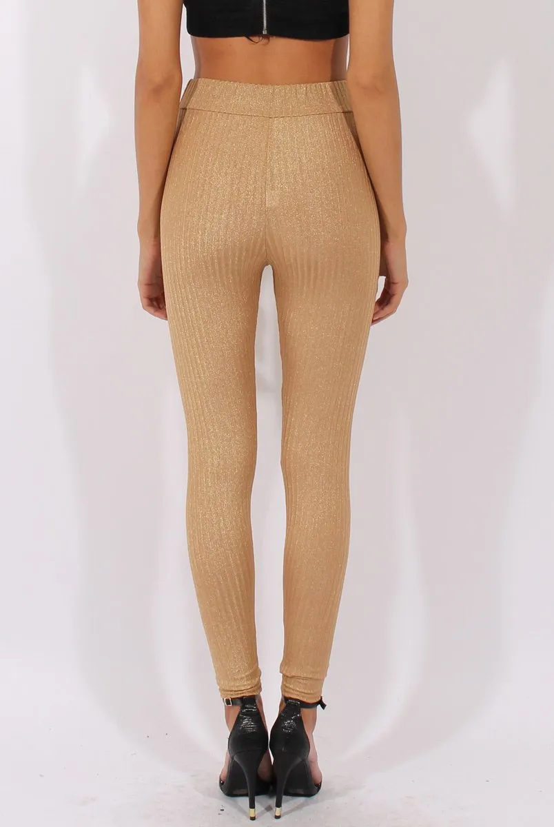 Gold Metallic Ribbed High Waisted Leggings - Yasmin