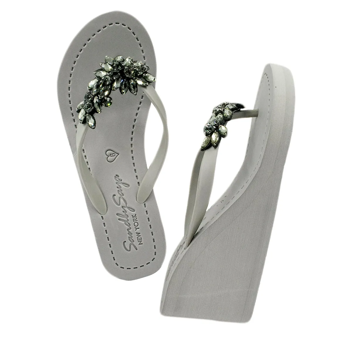 Manhattan Black- Crystal Rhinestone Embellished High Wedge Flip Flops Sandal