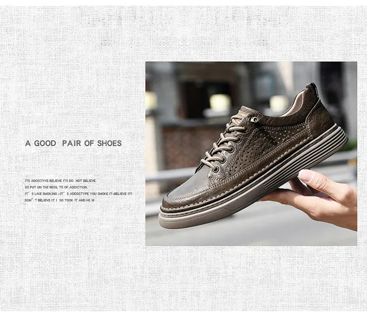 Men's Casual Board Shoes Leather Oxford Breathable Holes Comfortable Breathable Lightweight Lace Up Fashion Sneakers